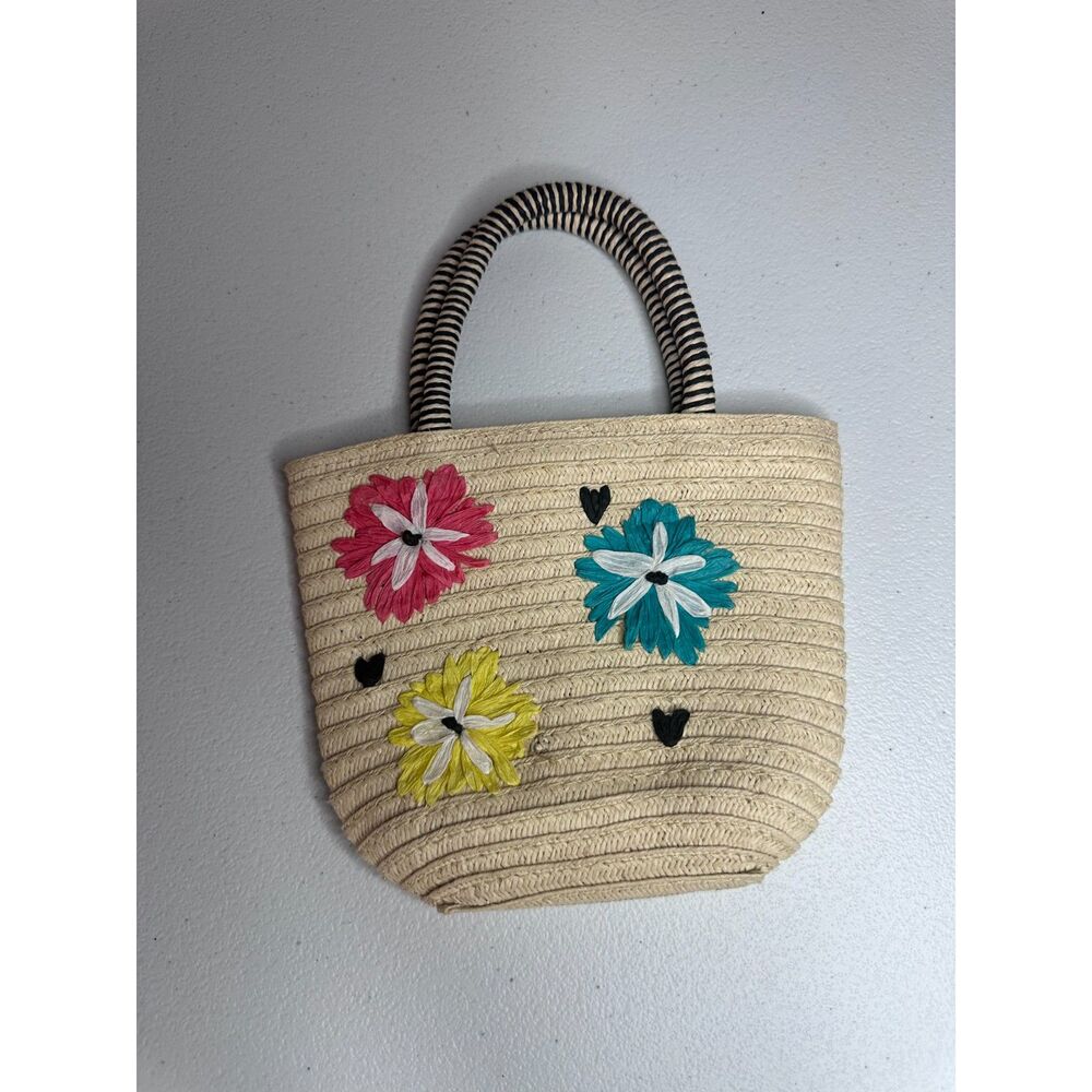 Mini Straw Tote Bag Boho Floral Embroidered Hook-and-Loop Kids Purse